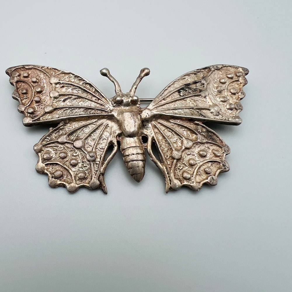 Vintage Sterling‎ Silver Butterfly Brooch Pin Textured Insect Jewelry 19 grams